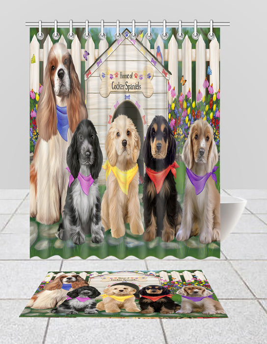 Spring Dog House Cocker Spaniel Dogs Bath Mat and Shower Curtain Combo