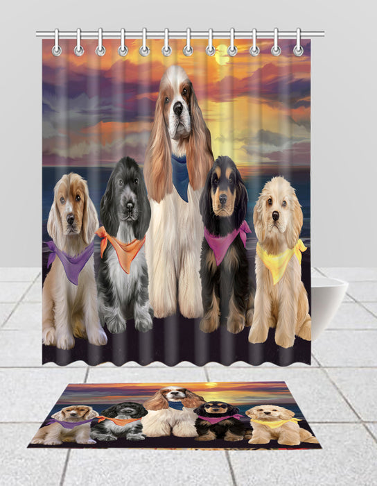 Family Sunset Portrait Cocker Spaniel Dogs Bath Mat and Shower Curtain Combo