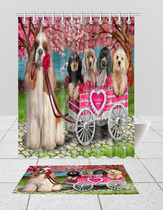 I Love Cocker Spaniel Dogs in a Cart Bath Mat and Shower Curtain Combo