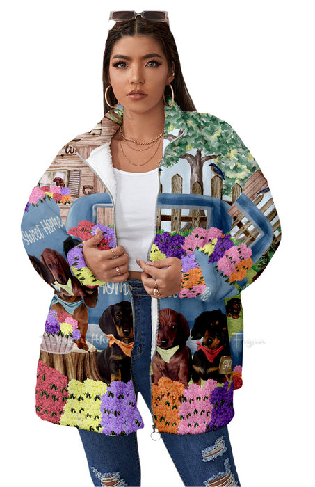 Rhododendron Home Sweet Home Garden Blue Truck Dachshund Dog All-Over Print Women's Borg Fleece Stand-up Collar Coat With Zipper Closure