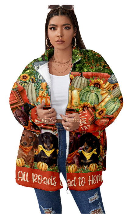 All Roads Lead to Home Orange Truck Harvest Fall Pumpkin Dachshund Dog All-Over Print Women's Borg Fleece Stand-up Collar Coat With Zipper Closure