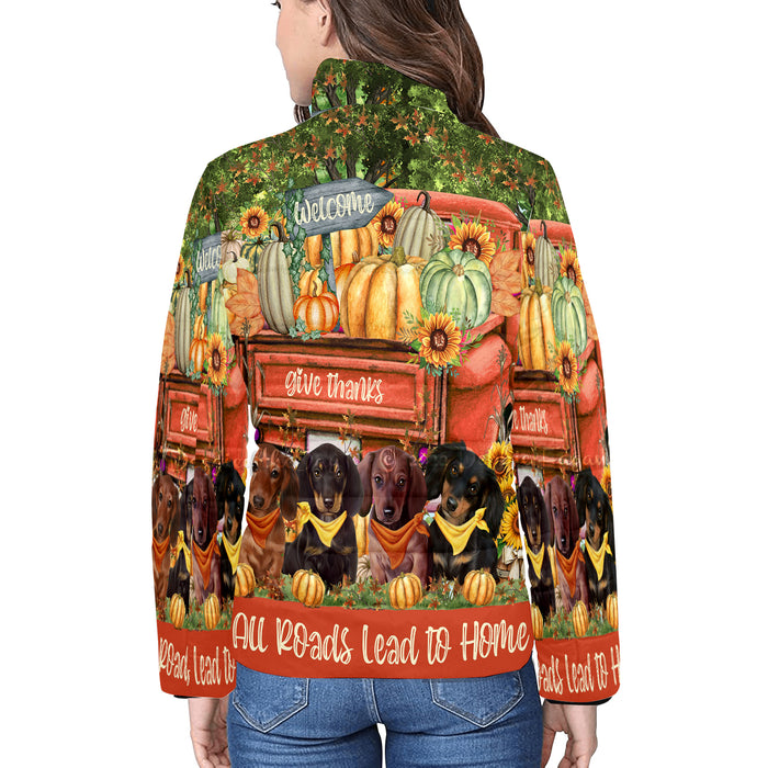 All Roads Lead to Home Orange Truck Harvest Fall Pumpkin Dachshund Dog Women's Stand Collar Padded Jacket