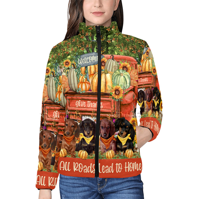 All Roads Lead to Home Orange Truck Harvest Fall Pumpkin Dachshund Dog Women's Stand Collar Padded Jacket