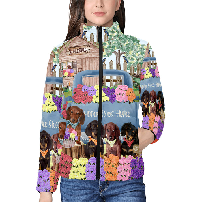 Rhododendron Home Sweet Home Garden Blue Truck Dachshund Dog Women's Stand Collar Padded Jacket