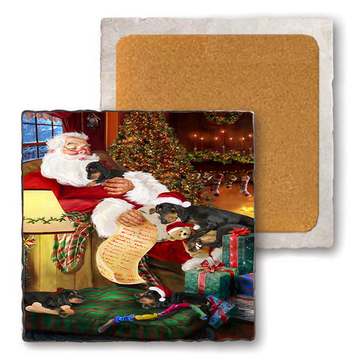 Set of 4 Natural Stone Marble Tile Coasters - Coonhounds Dog and Puppies Sleeping with Santa MCST48133