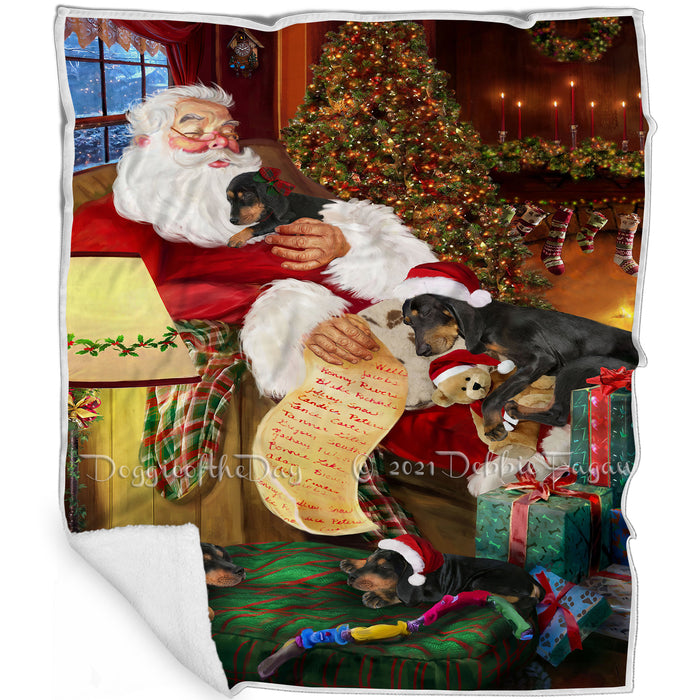 Coonhound Dog and Puppies Sleeping with Santa Blanket