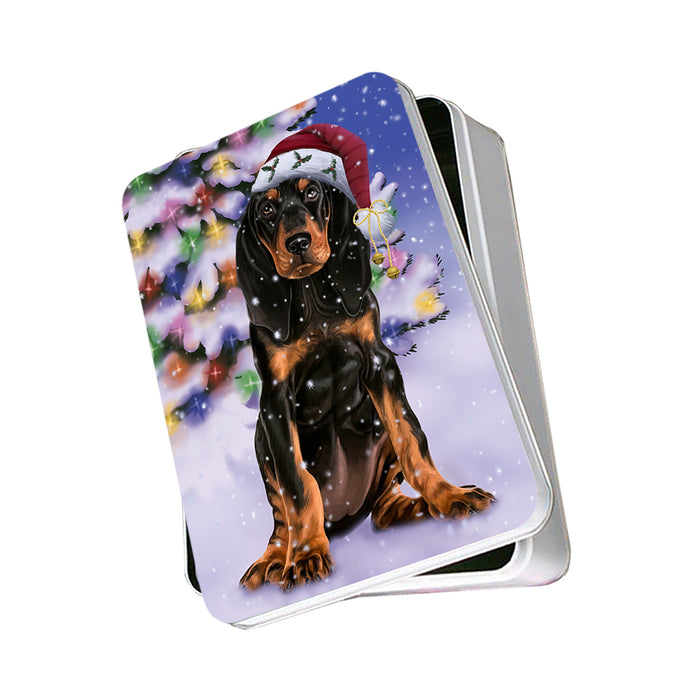 Winterland Wonderland Coonhound Dog In Christmas Holiday Scenic Background Photo Storage Tin PITN55644
