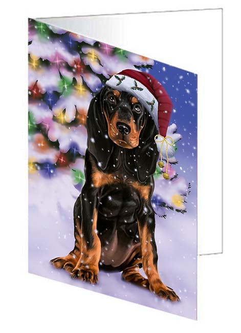 Winterland Wonderland Coonhound Dog In Christmas Holiday Scenic Background Handmade Artwork Assorted Pets Greeting Cards and Note Cards with Envelopes for All Occasions and Holiday Seasons GCD71618