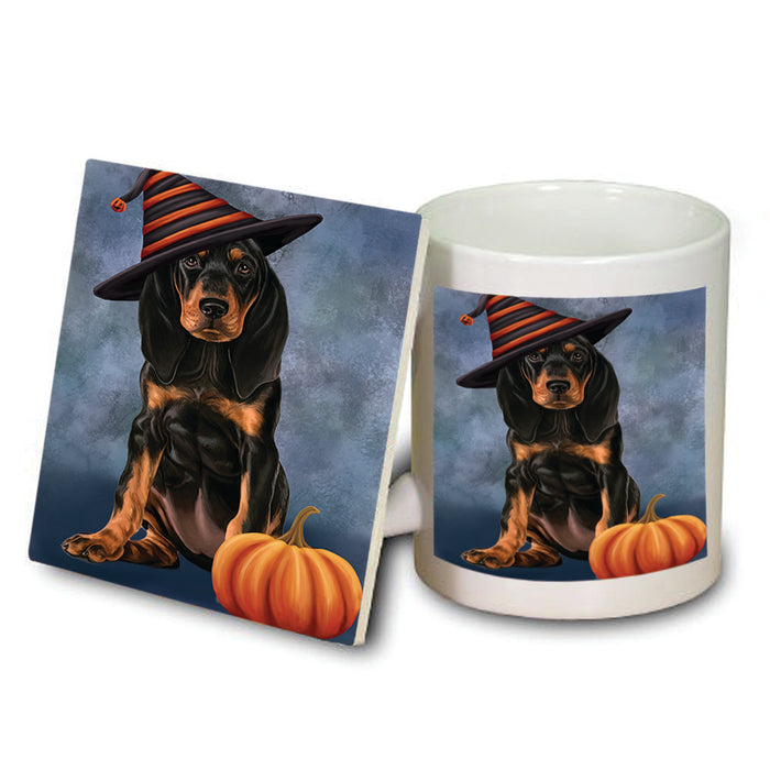 Happy Halloween Coonhound Dog Wearing Witch Hat with Pumpkin Mug and Coaster Set MUC54885