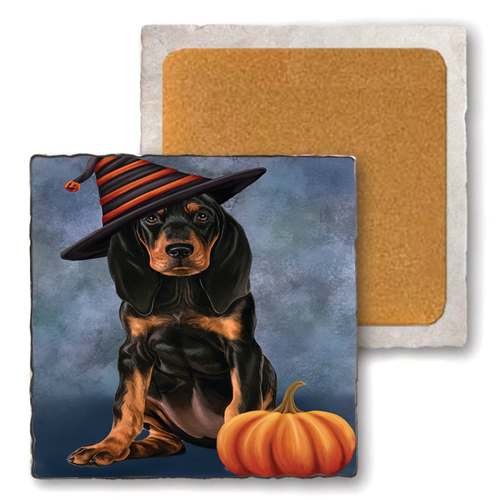 Happy Halloween Coonhound Dog Wearing Witch Hat with Pumpkin Set of 4 Natural Stone Marble Tile Coasters MCST49893