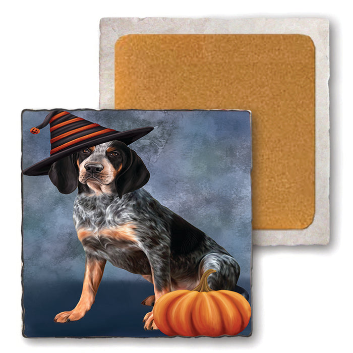Happy Halloween Coonhound Dog Wearing Witch Hat with Pumpkin Set of 4 Natural Stone Marble Tile Coasters MCST49894