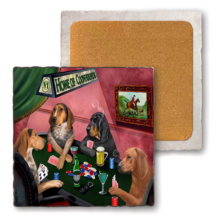 Home of Coonhound 4 Dogs Playing Poker Set of 4 Natural Stone Marble Tile Coasters MCST49347
