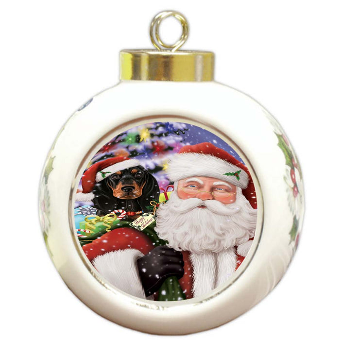 Santa Carrying Coonhound Dog and Christmas Presents Round Ball Christmas Ornament RBPOR55859