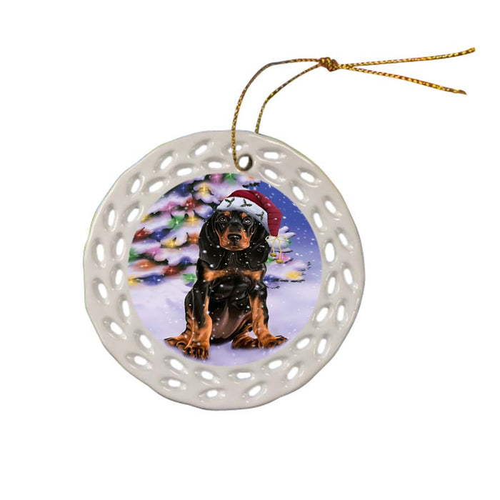 Winterland Wonderland Coonhound Dog In Christmas Holiday Scenic Background Ceramic Doily Ornament DPOR56057