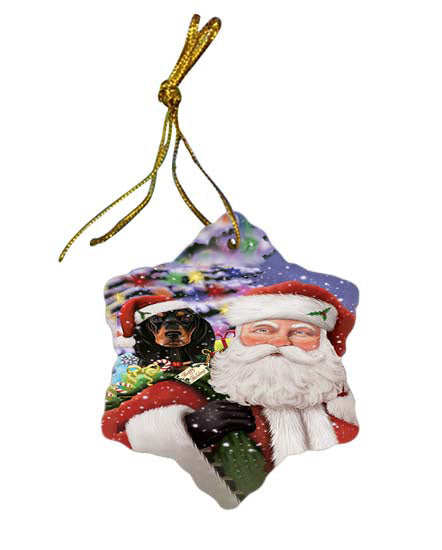 Santa Carrying Coonhound Dog and Christmas Presents Star Porcelain Ornament SPOR55859