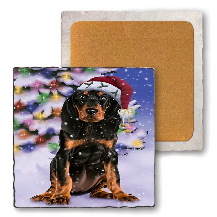 Winterland Wonderland Coonhound Dog In Christmas Holiday Scenic Background Set of 4 Natural Stone Marble Tile Coasters MCST50701