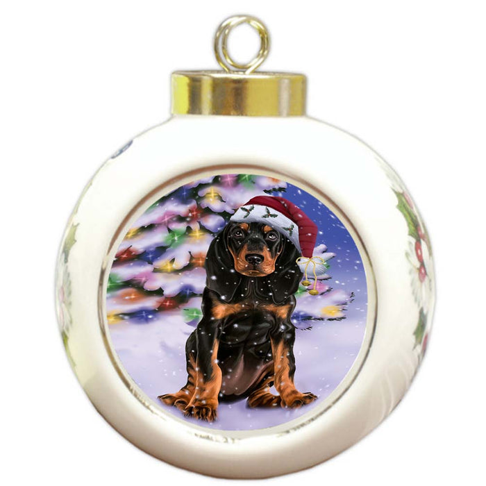 Winterland Wonderland Coonhound Dog In Christmas Holiday Scenic Background Round Ball Christmas Ornament RBPOR56057