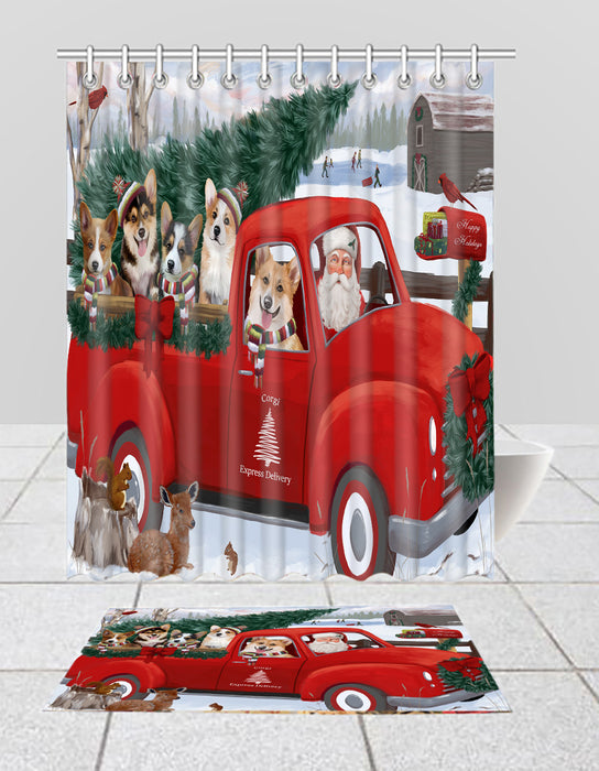 Christmas Santa Express Delivery Red Truck Corgi Dogs Bath Mat and Shower Curtain Combo