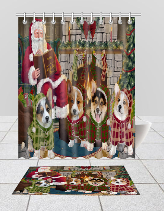 Christmas Cozy Holiday Fire Tails Corgi Dogs Bath Mat and Shower Curtain Combo