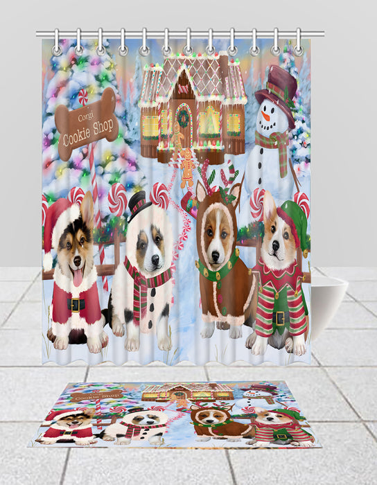 Holiday Gingerbread Cookie Corgi Dogs  Bath Mat and Shower Curtain Combo