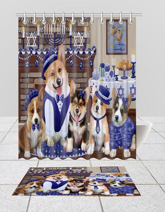 Happy Hanukkah Family Corgi Dogs Bath Mat and Shower Curtain Combo