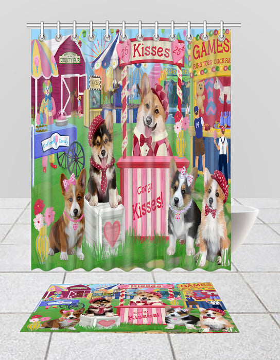 Carnival Kissing Booth Corgi Dogs  Bath Mat and Shower Curtain Combo