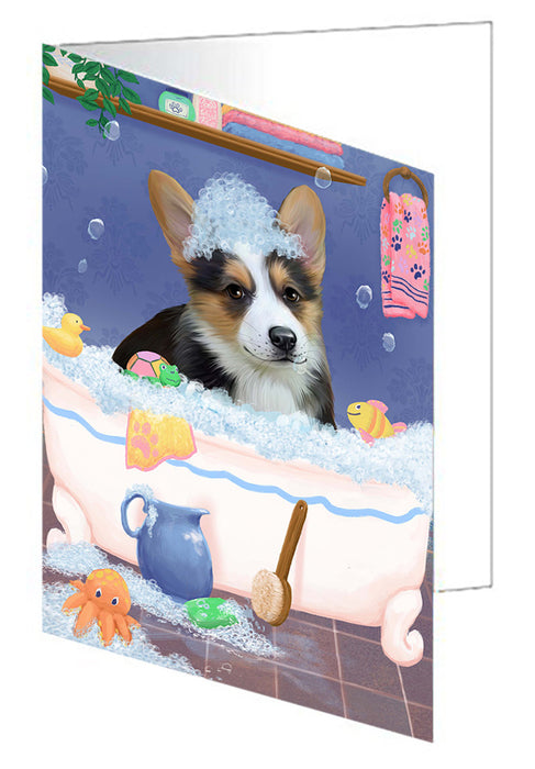 Rub A Dub Dog In A Tub Corgi Dog Handmade Artwork Assorted Pets Greeting Cards and Note Cards with Envelopes for All Occasions and Holiday Seasons GCD79388