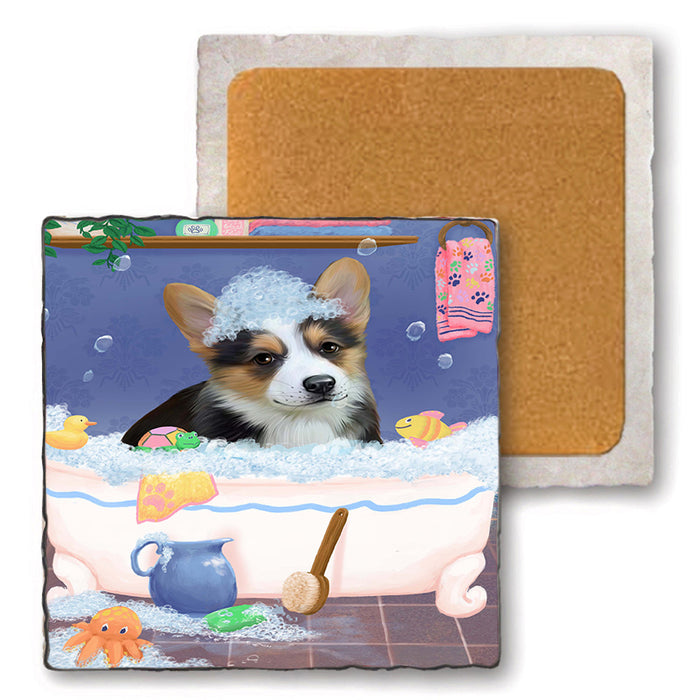 Rub A Dub Dog In A Tub Corgi Dog Set of 4 Natural Stone Marble Tile Coasters MCST52358