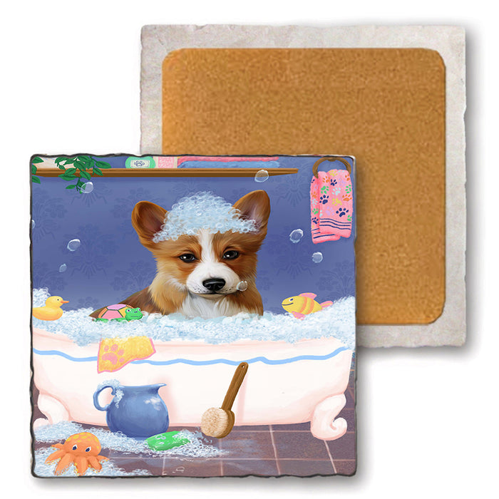 Rub A Dub Dog In A Tub Corgi Dog Set of 4 Natural Stone Marble Tile Coasters MCST52359