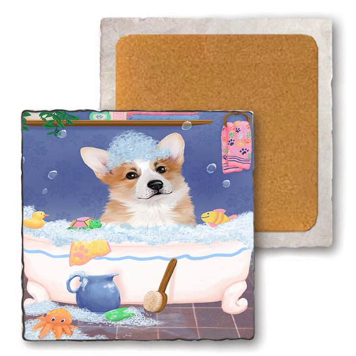 Rub A Dub Dog In A Tub Corgi Dog Set of 4 Natural Stone Marble Tile Coasters MCST52360