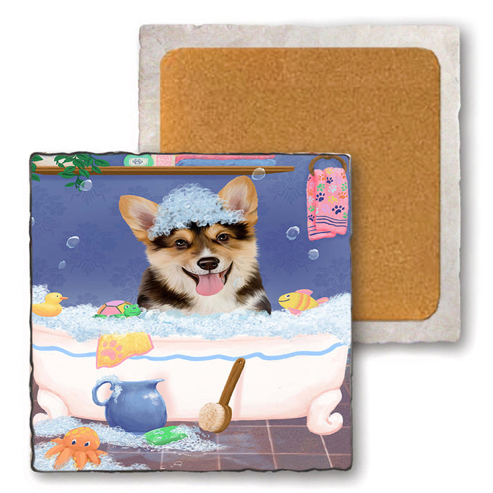 Rub A Dub Dog In A Tub Corgi Dog Set of 4 Natural Stone Marble Tile Coasters MCST52361