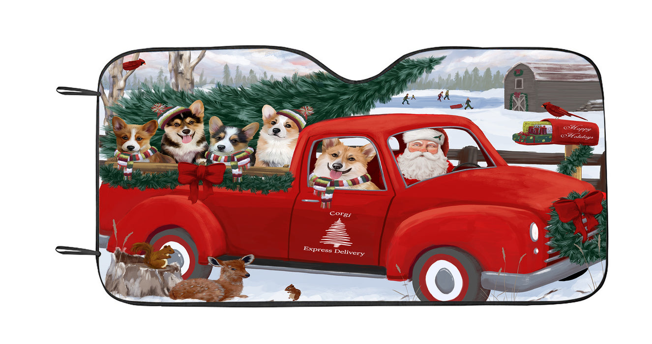 Christmas Santa Express Delivery Red Truck Corgi Dogs Car Sun Shade