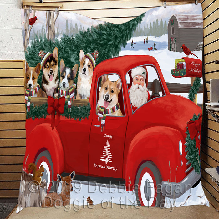 Christmas Santa Express Delivery Red Truck Corgi Dogs Quilt