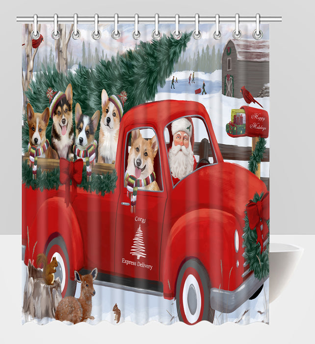 Christmas Santa Express Delivery Red Truck Corgi Dogs Shower Curtain