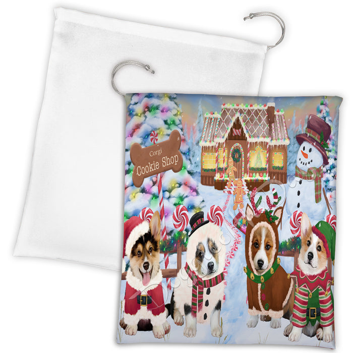 Holiday Gingerbread Cookie Corgi Dogs Shop Drawstring Laundry or Gift Bag LGB48591