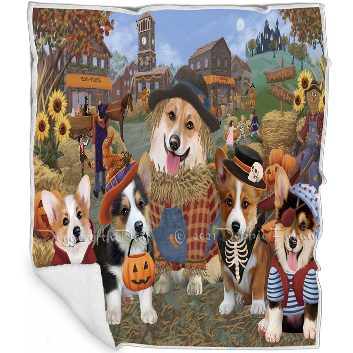 Halloween 'Round Town And Fall Pumpkin Scarecrow Both Corgi Dogs Blanket BLNKT138890