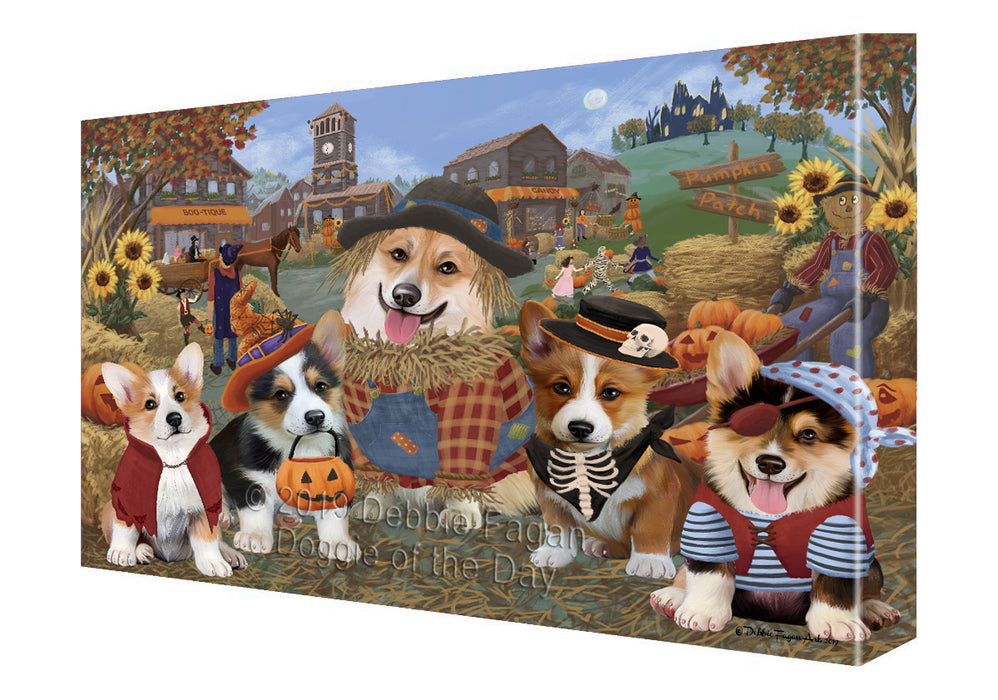 Halloween 'Round Town And Fall Pumpkin Scarecrow Both Corgi Dogs Canvas Print Wall Art Décor CVS139517