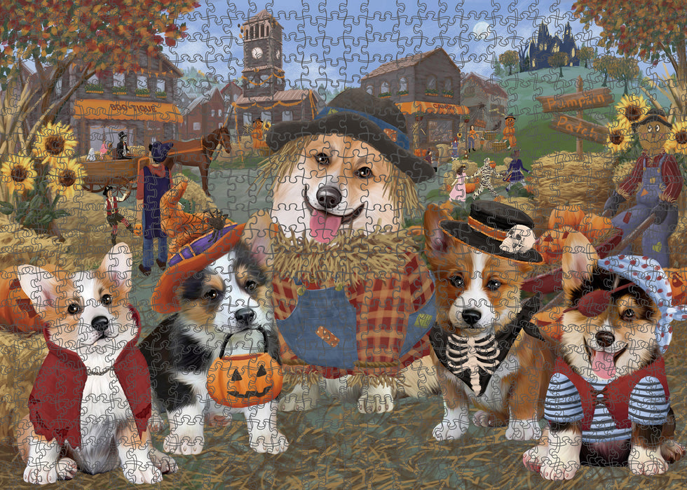 Halloween 'Round Town And Fall Pumpkin Scarecrow Both Corgi Dogs Puzzle with Photo Tin PUZL96276