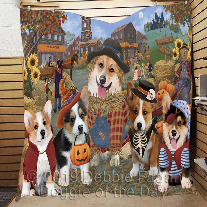 Halloween 'Round Town and Fall Pumpkin Scarecrow Both Corgi Dogs Quilt