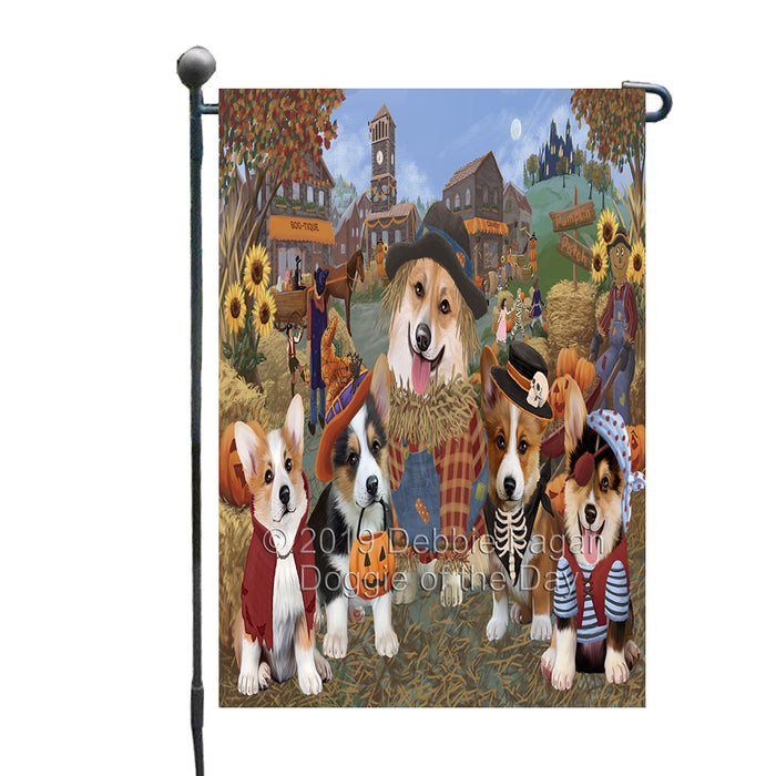 Halloween 'Round Town And Fall Pumpkin Scarecrow Both Corgi Dogs Garden Flag GFLG65592