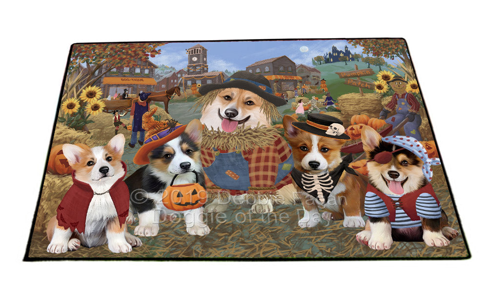 Halloween 'Round Town And Fall Pumpkin Scarecrow Both Corgi Dogs Floormat FLMS53921