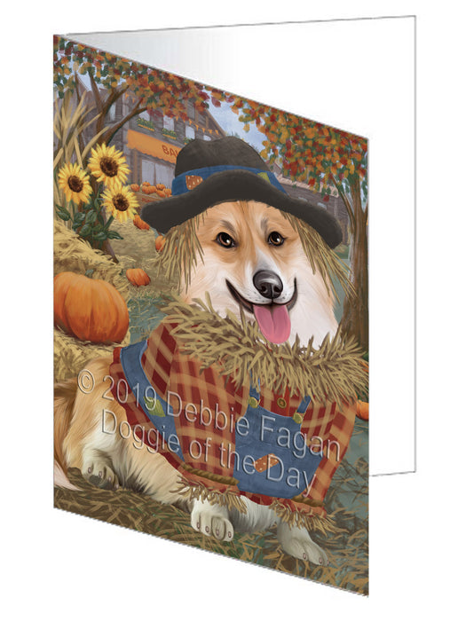 Fall Pumpkin Scarecrow Corgi Dog Handmade Artwork Assorted Pets Greeting Cards and Note Cards with Envelopes for All Occasions and Holiday Seasons GCD78005