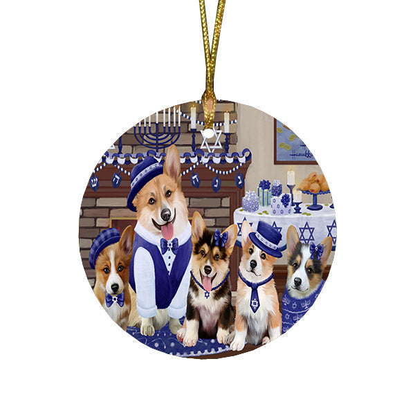 Happy Hanukkah Family and Happy Hanukkah Both Corgi Dogs Round Flat Christmas Ornament RFPOR57518