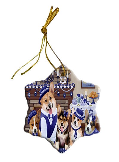 Happy Hanukkah Family Corgi Dogs Star Porcelain Ornament SPOR57614