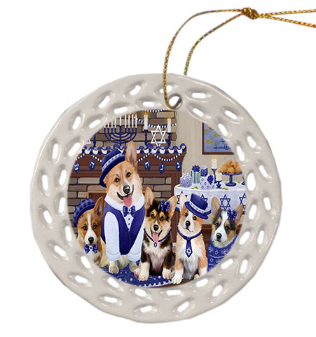 Happy Hanukkah Family Corgi Dogs Ceramic Doily Ornament DPOR57614