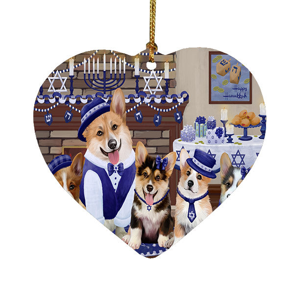 Happy Hanukkah Family Corgi Dogs Heart Christmas Ornament HPOR57614