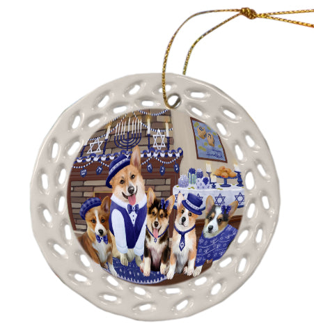 Happy Hanukkah Family Corgi Dogs Doily Ornament DPOR57972
