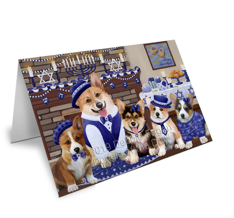 Happy Hanukkah Family Corgi Dogs Handmade Artwork Assorted Pets Greeting Cards and Note Cards with Envelopes for All Occasions and Holiday Seasons GCD78188