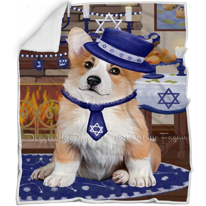 Happy Hanukkah Family and Happy Hanukkah Both Corgi Dog Blanket BLNKT139988