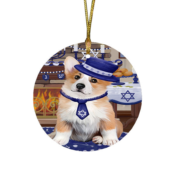 Happy Hanukkah Family and Happy Hanukkah Both Corgi Dog Round Flat Christmas Ornament RFPOR57574